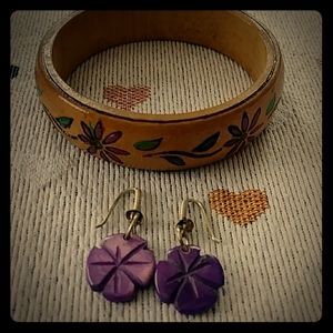Vintage 70's Wooden Bangle & Cuban Earrings